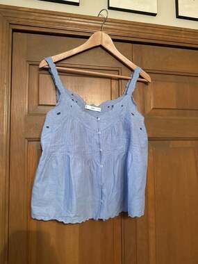 Mango Ice Blue Embroidered Eyelet Trim Cotton Button-Down Tank Top